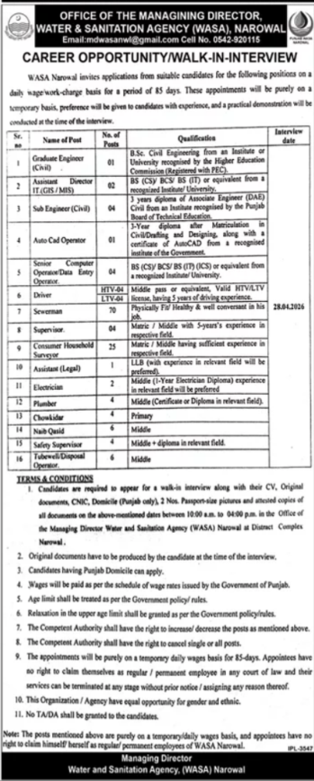 Water And Sanitation Agency WASA Narowal Jobs 2026
