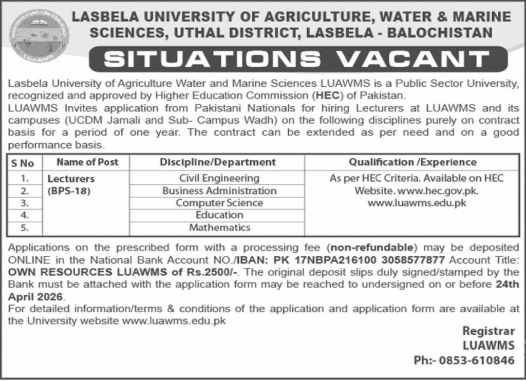 Lasbela University Of Agriculture Water Jobs 2026