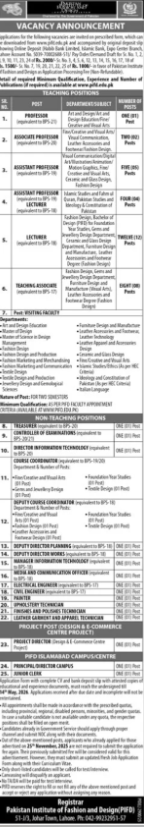 Pakistan Institute Of Fashion And Design PIFD Lahore Jobs 2026