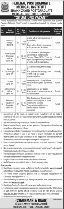 Federal Postgraduate Medical Institute Lahore Jobs 2026